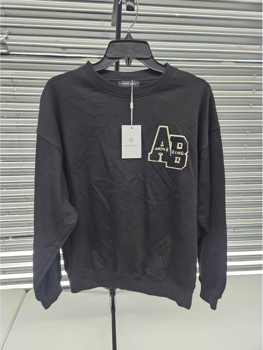 Anine Bing Black Crewneck Sweatshirt with AB Patch Logo